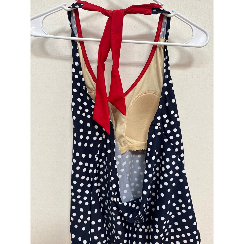 Your Best Look Polka Dot Halter Swim Cover Up Top Navy Blue Red Trim Size 16